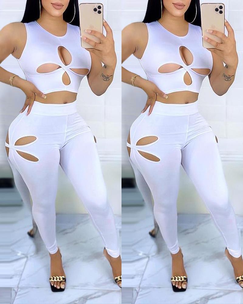 

Cutout Crop Tank Top & Pants Set, White