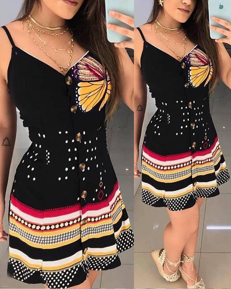 

Butterfly Print Button Front Cami Dress, Black