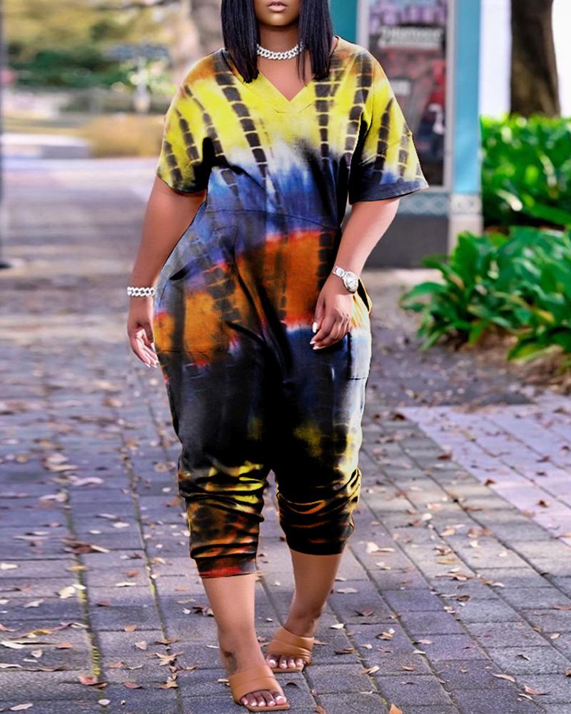

Tie Dye Print Short Sleeve Pocket Design Jumpsuit, Yellow