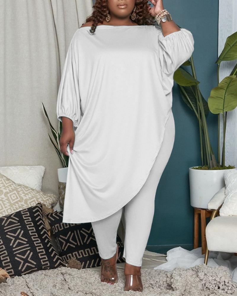 

Plus Size Asymmetrical Longline Top & Pants Set, White
