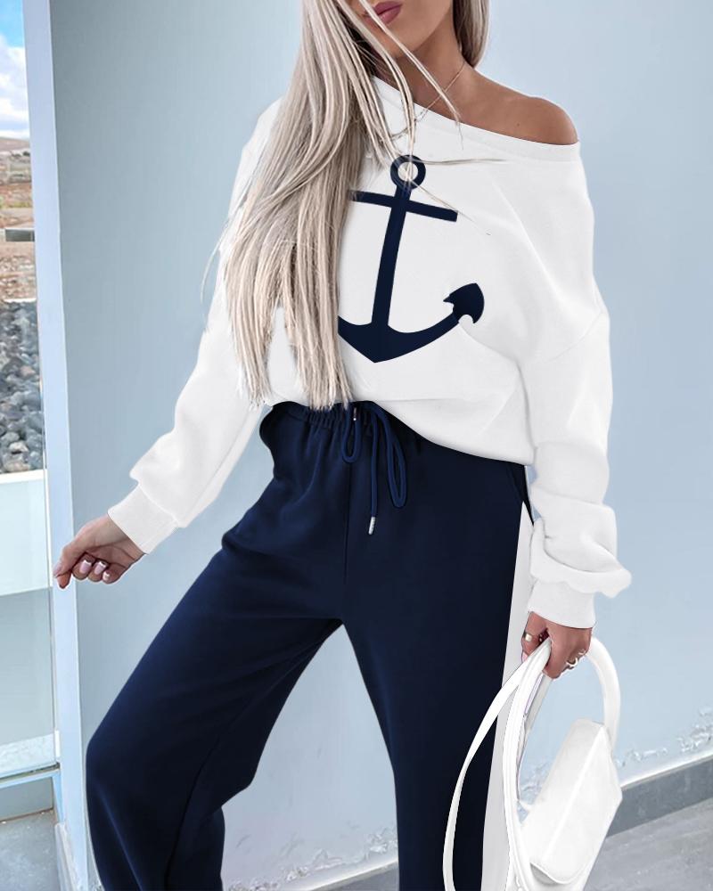 

Anchor Print Sweatshirt & Striped Sweatpants Set, White