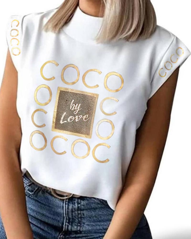 

Letter Print Cap Sleeve Top, White