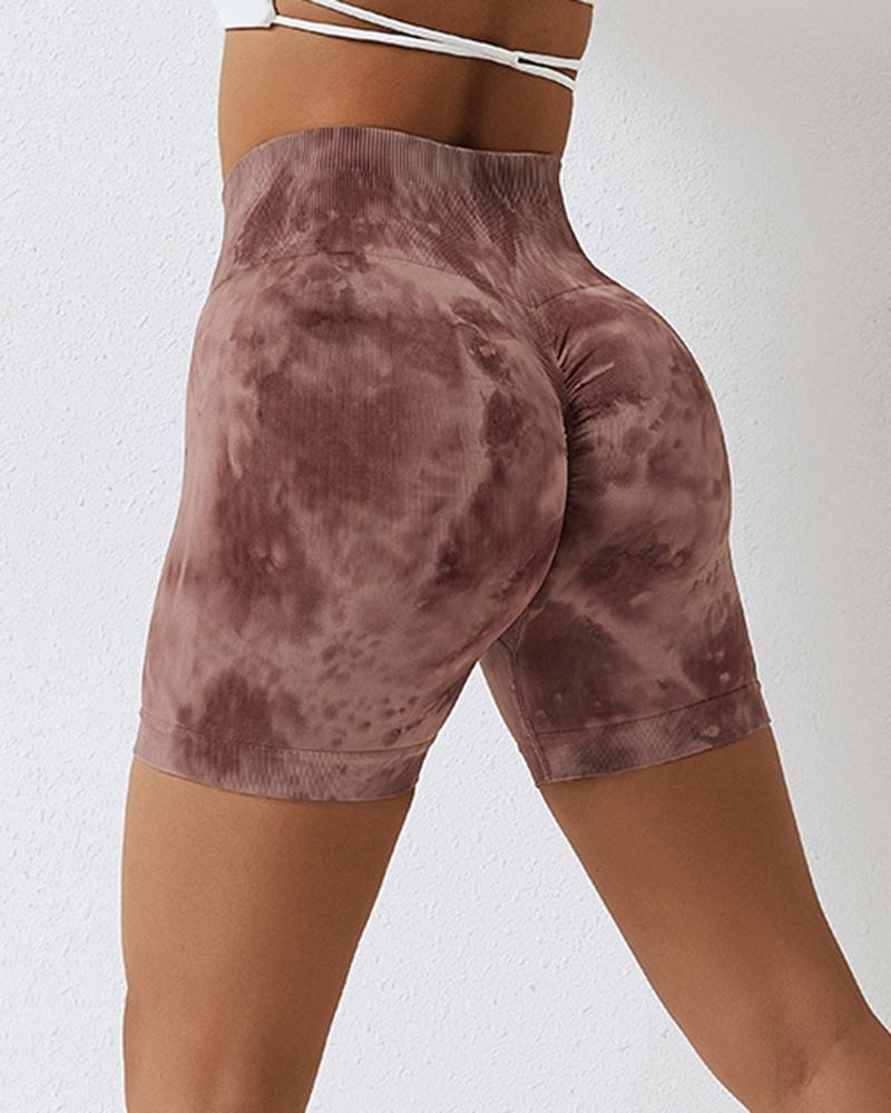 

Tie Dye Print Butt Lifting Active Shorts, Brown