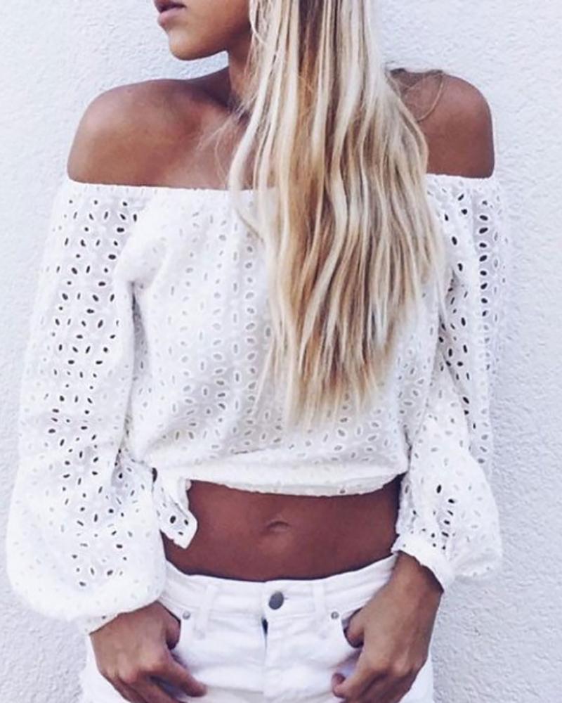 

Off Shoulder Lace Insert Hollow Out Slit Casual Blouse, White