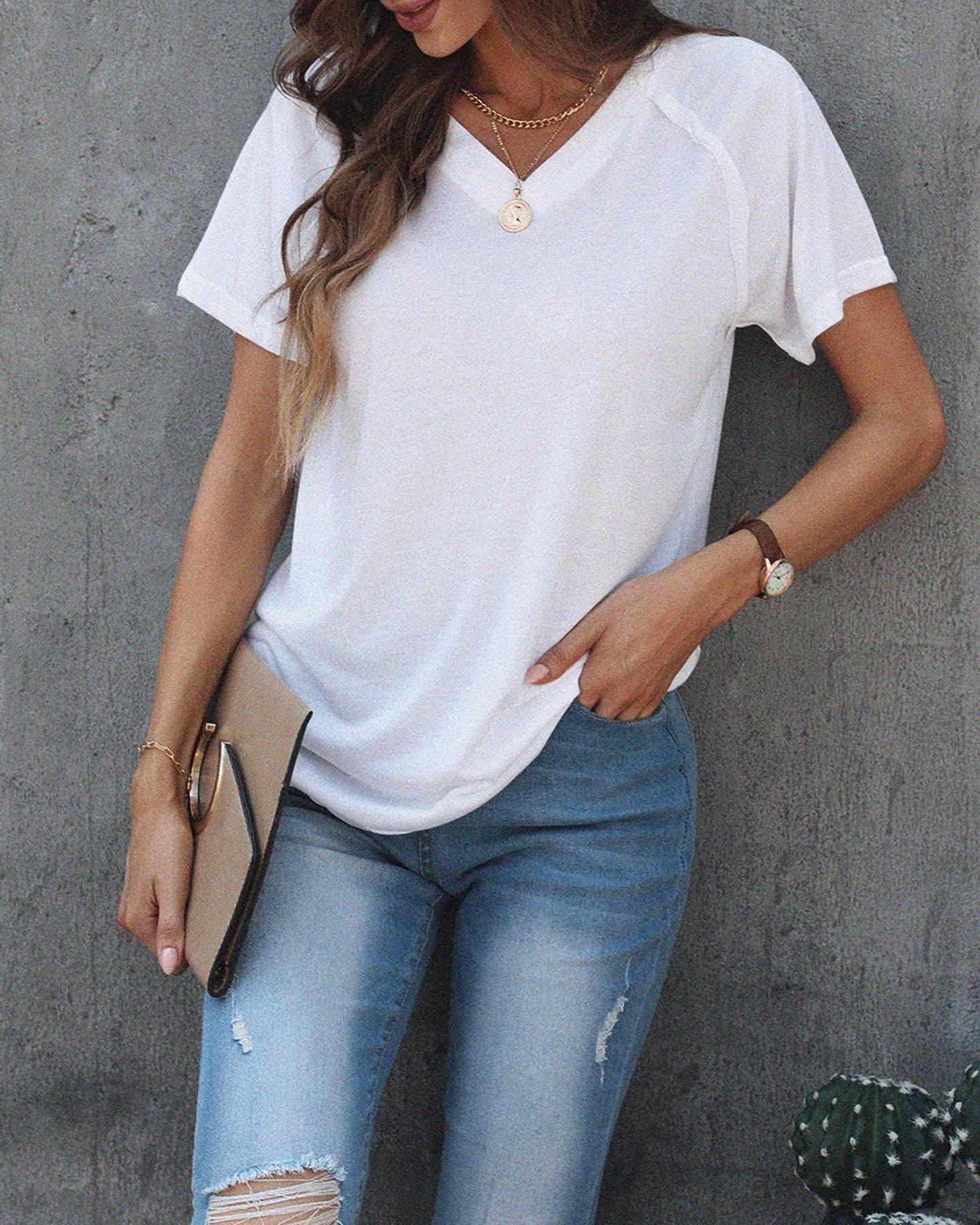 

V-neck Plain Short Sleeve Casual T-shirt, White