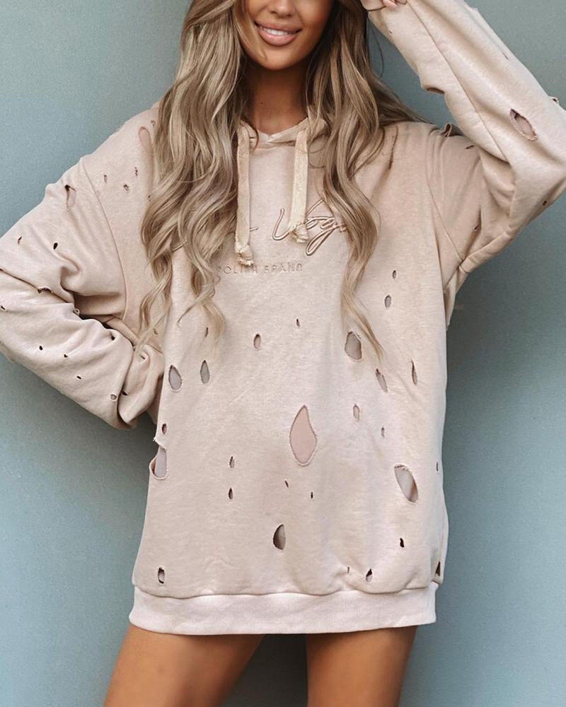 

Letter Embroidery Hooded Long Sleeve Cutout Sweatshirt, Khaki