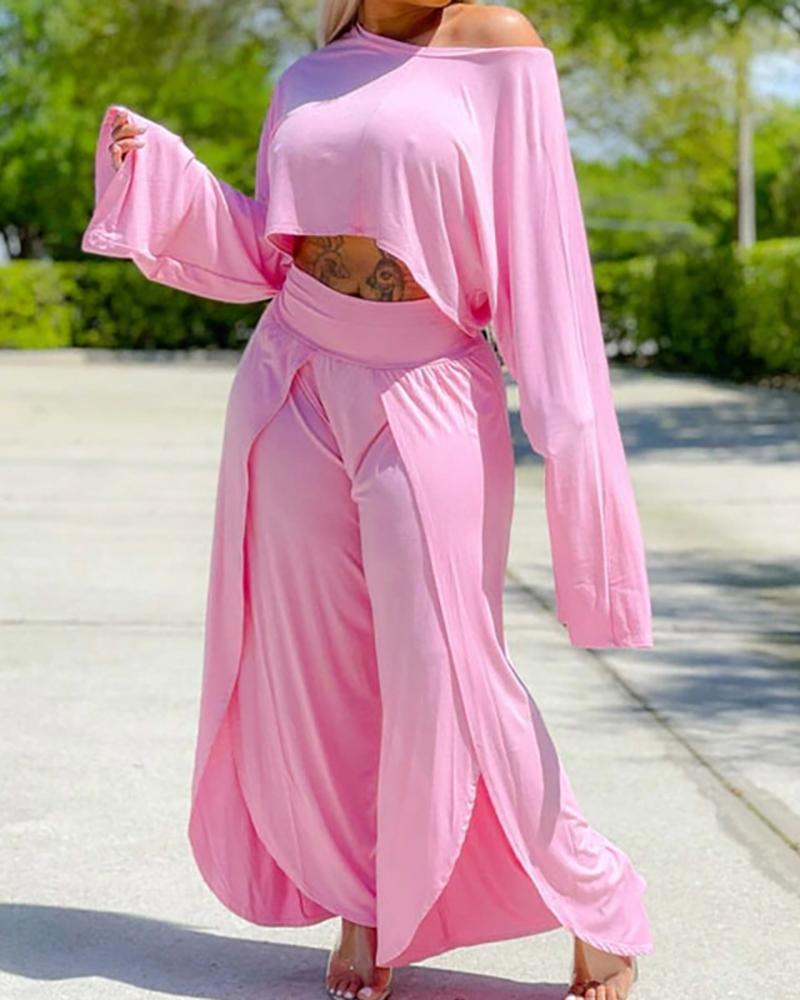 

Long Sleeve Top & High Waist Slit Pants Set, Pink