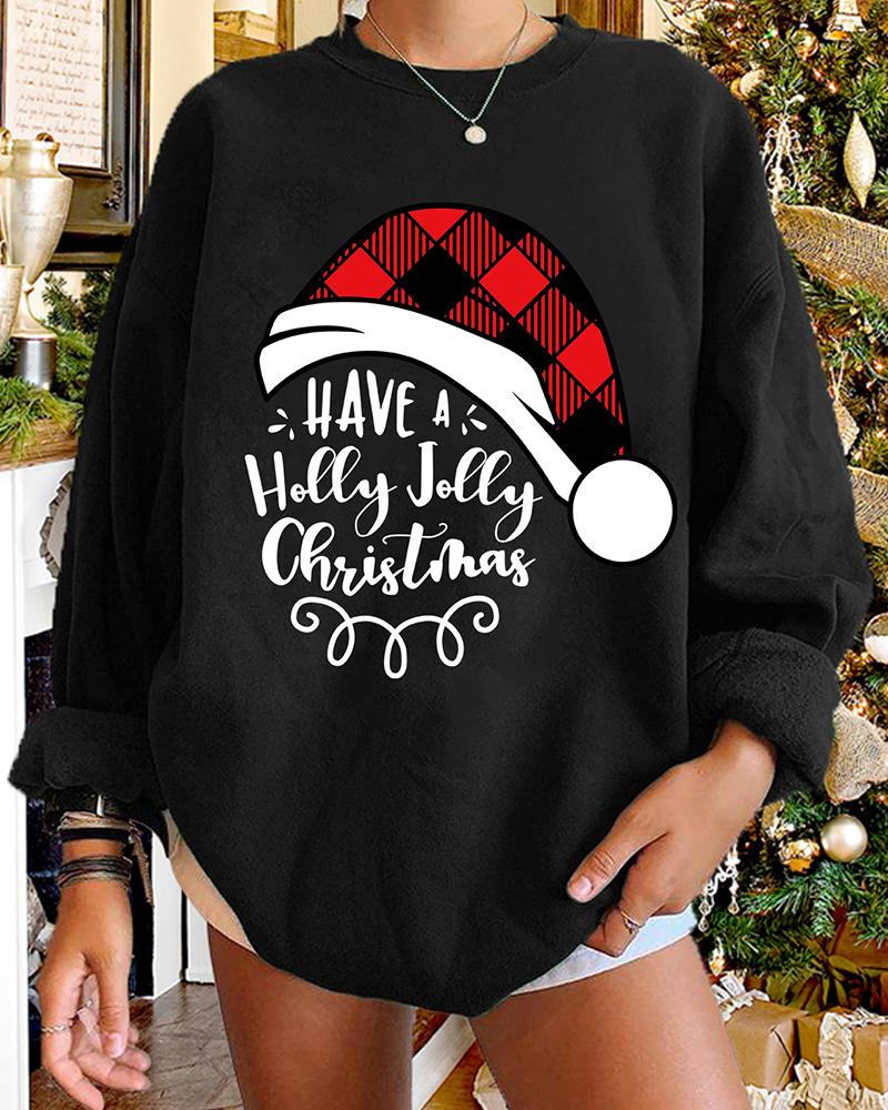 

Christmas Long Sleeve Plaid Hat Letter Print Sweatshirt, Black