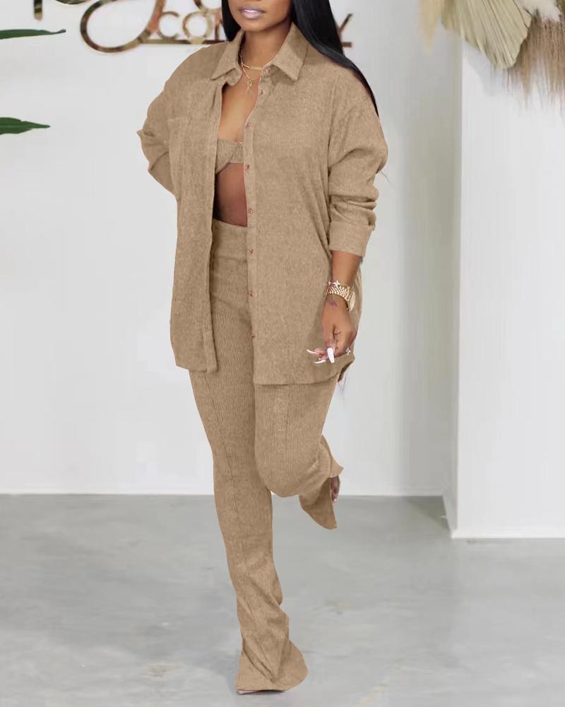 

3PCS Ribbed Button Down Shirt & Pants Set With Crop Top, Khaki