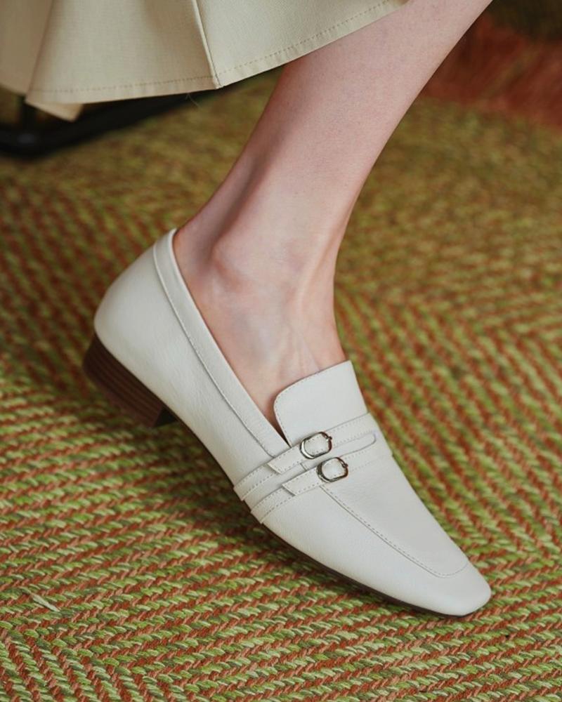 

Double Buckled Square Toe Loafer, Beige