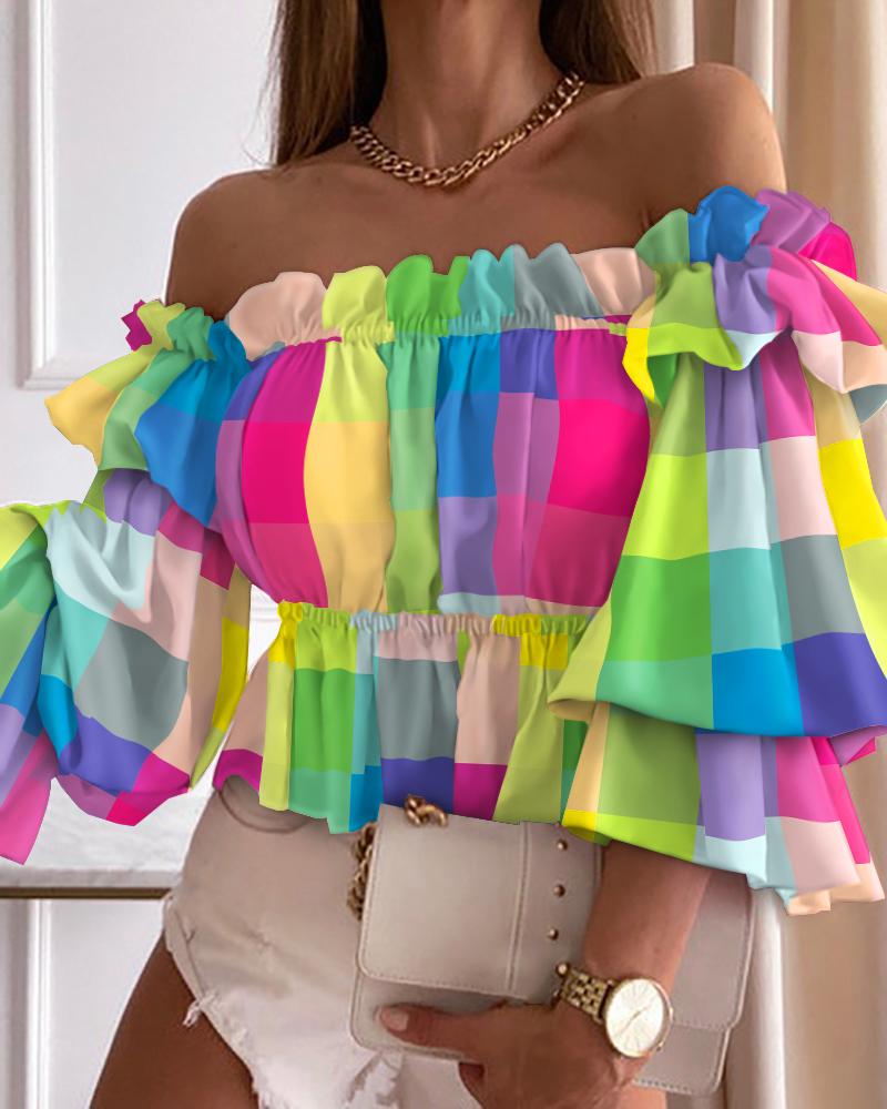 

Colorful Plaid Off Shoulder Frill Hem Top Casual 3/4 Sleeve Blouse, Multicolor