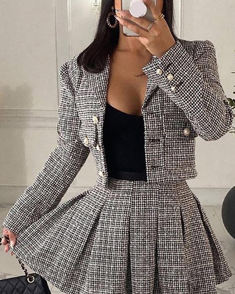 

Long Sleeve Plaid Print Button Design Coat, Gray