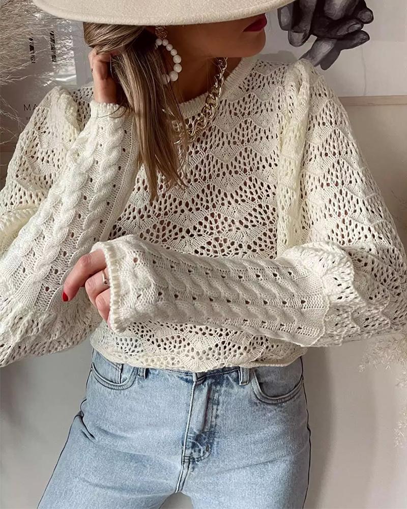 

Puff Lantern Sleeve Knit Hollow Out Sweater, Apricot