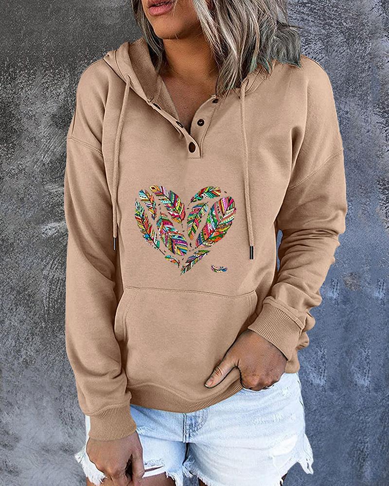 

Feather Print Pocket Design Hooded Sweatshirt, Khaki