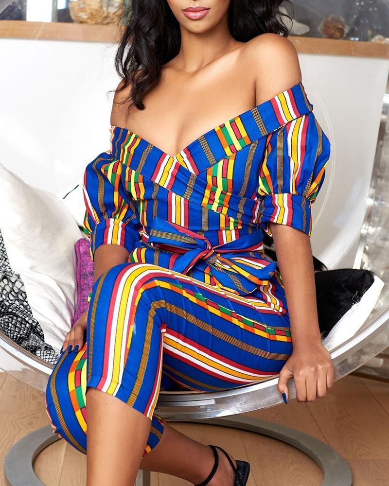 

Print Off Shoulder Tight Waist Short Sleeve Jumpsuit, Multicolor