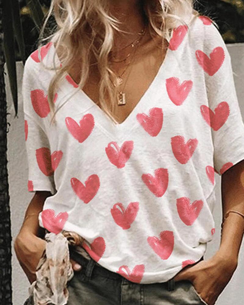 

Heart Print V Neck Half Sleeve T-Shirt, White