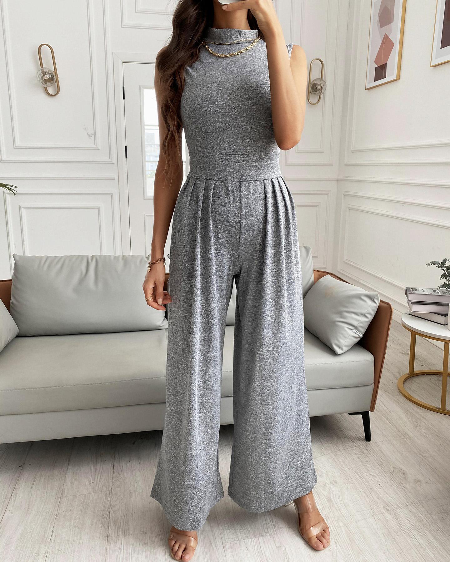 

High Neck Sleeveless Ruched Jumpsuit, Gray