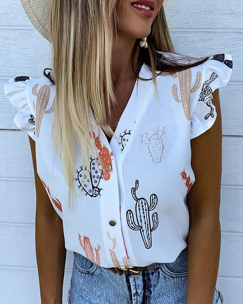 

Cactus Print Flutter Sleeve Casual Top, Apricot