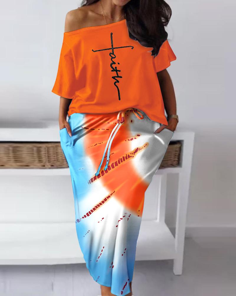 

Plus Size Faith Tie Dye Print Top & Drawstring Skirt Set, Orange