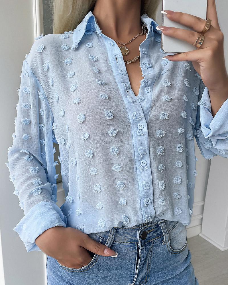 

Swiss Dot Button Design Long Sleeve Top, Blue