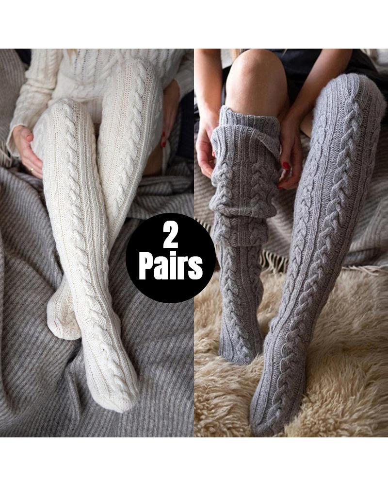 

Lot de 2 paires de chaussettes hautes au-dessus du genou et de la cuisse, chaussettes chauffantes en tricot torsadé, Style1