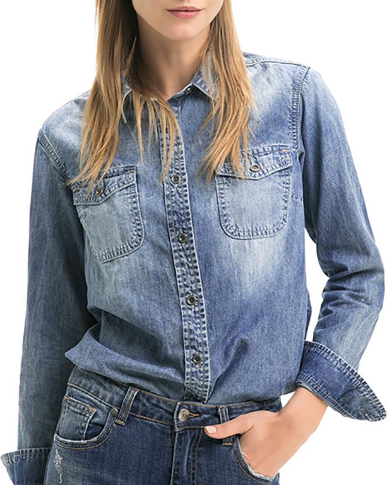 

Button Pocket Design Long Sleeve Denim Shirt, Blue