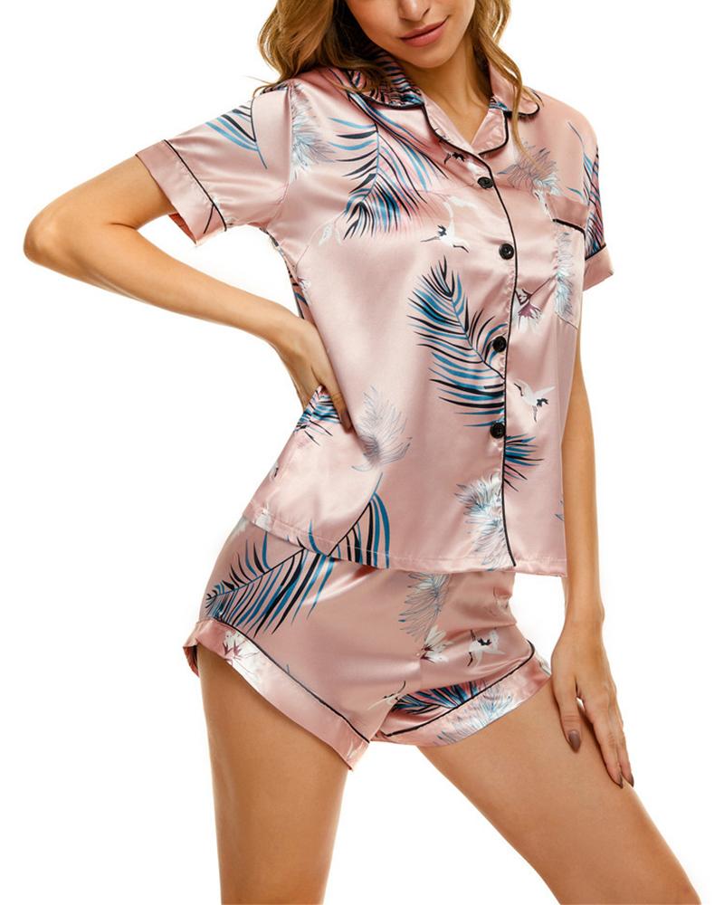 

Leaf / Star Print Satin Buttoned Pajamas Set, Pink