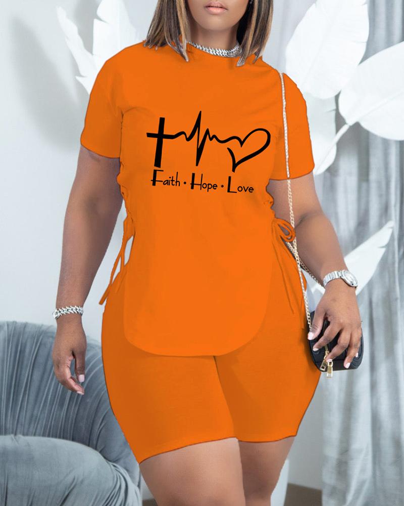

Heart Letter Print Eyelet Lace-up T-shirt & Shorts Set, Orange