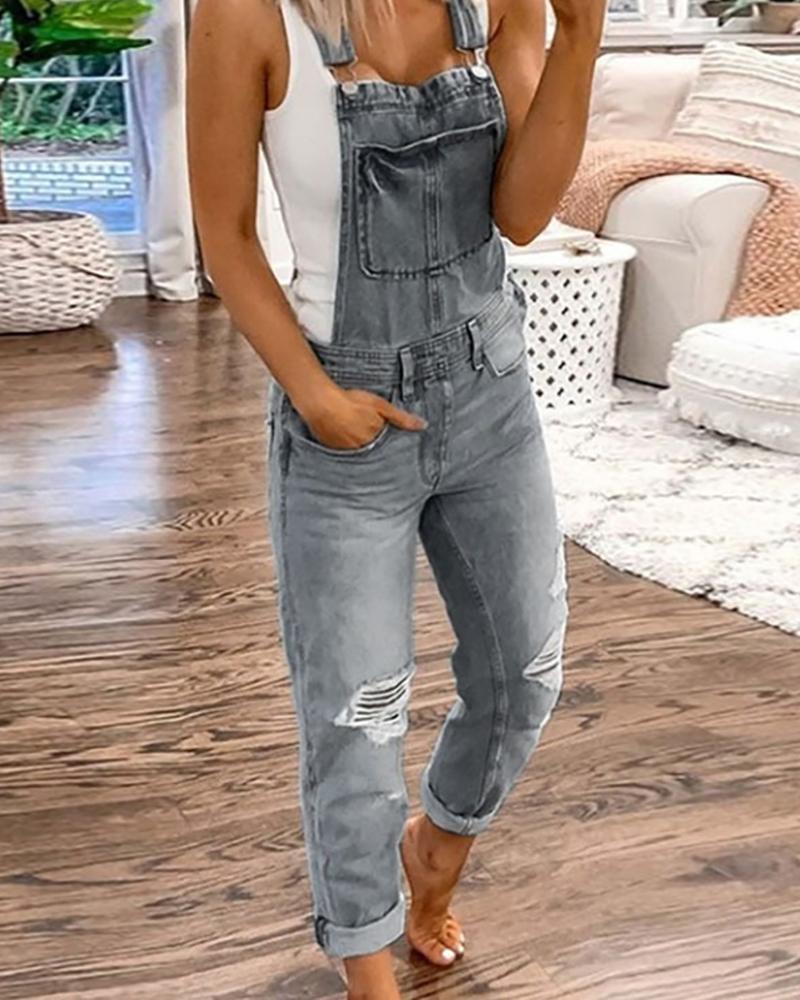 Ripped Pocket Design Denim Suspender Jumpsuit