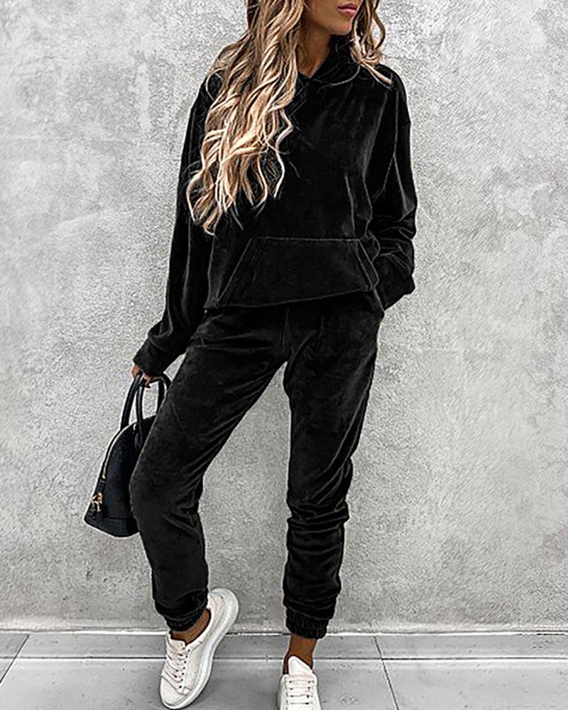 

Pocket Design Long Sleeve Flannel Hooded Top & Pants Set, Black