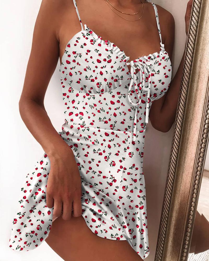 

Print Spaghetti Strap Frill Hem Dress, White