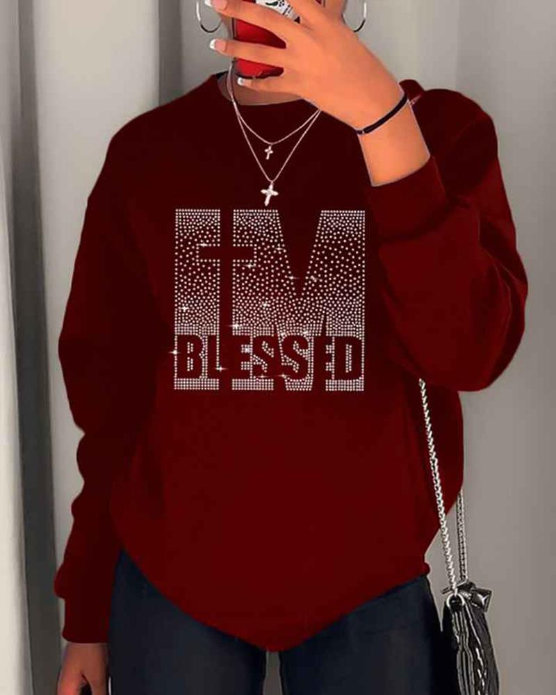 

Rhinestone I' Blessed Pattern Crew Neck Sweatshirt, Wine red