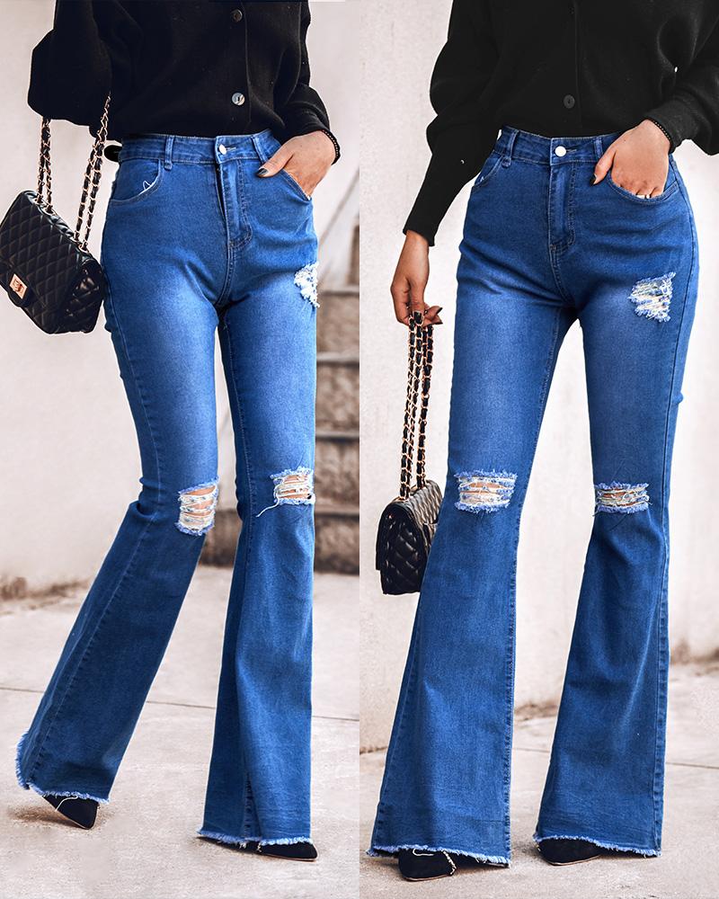 

High Waist Ripped Fringe Hem Bootcut Jeans, Blue