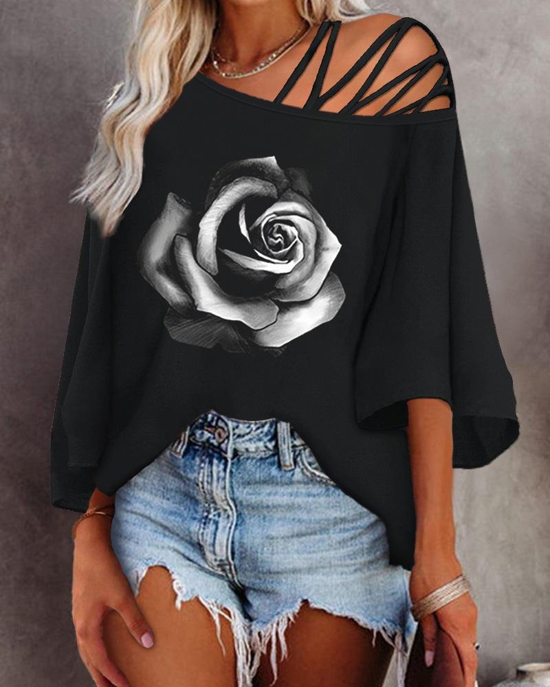 

Rose Print Cold Shoulder Batwing Sleeve Top, Black