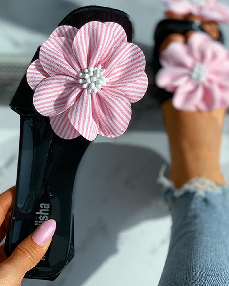 

Striped Floral Pattern Square Toe Flat Sandals, Pink