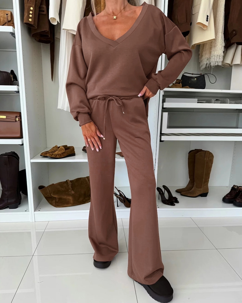 

2 Pieces Outfit Plunge V Neck Pullover Sweatshirt and Casual Drawstring Waist Wide Leg Pants Set, Dark brown