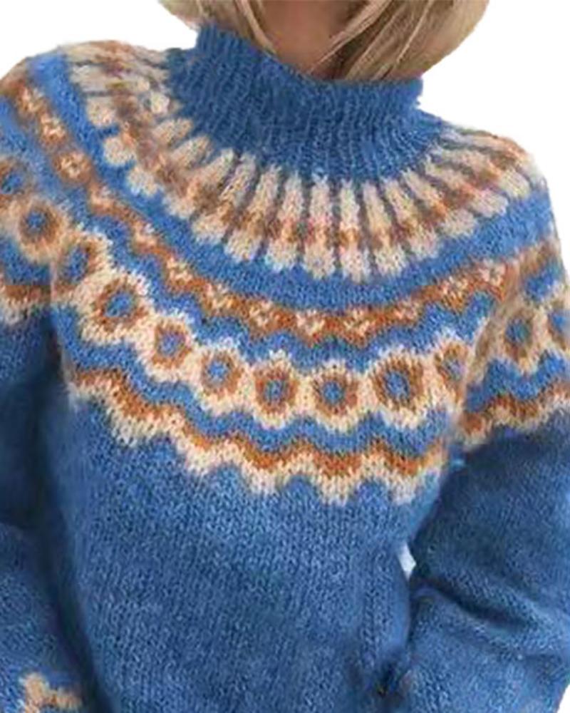

Abstract Print Knit High Neck Long Sleeve Casual Sweater, Blue