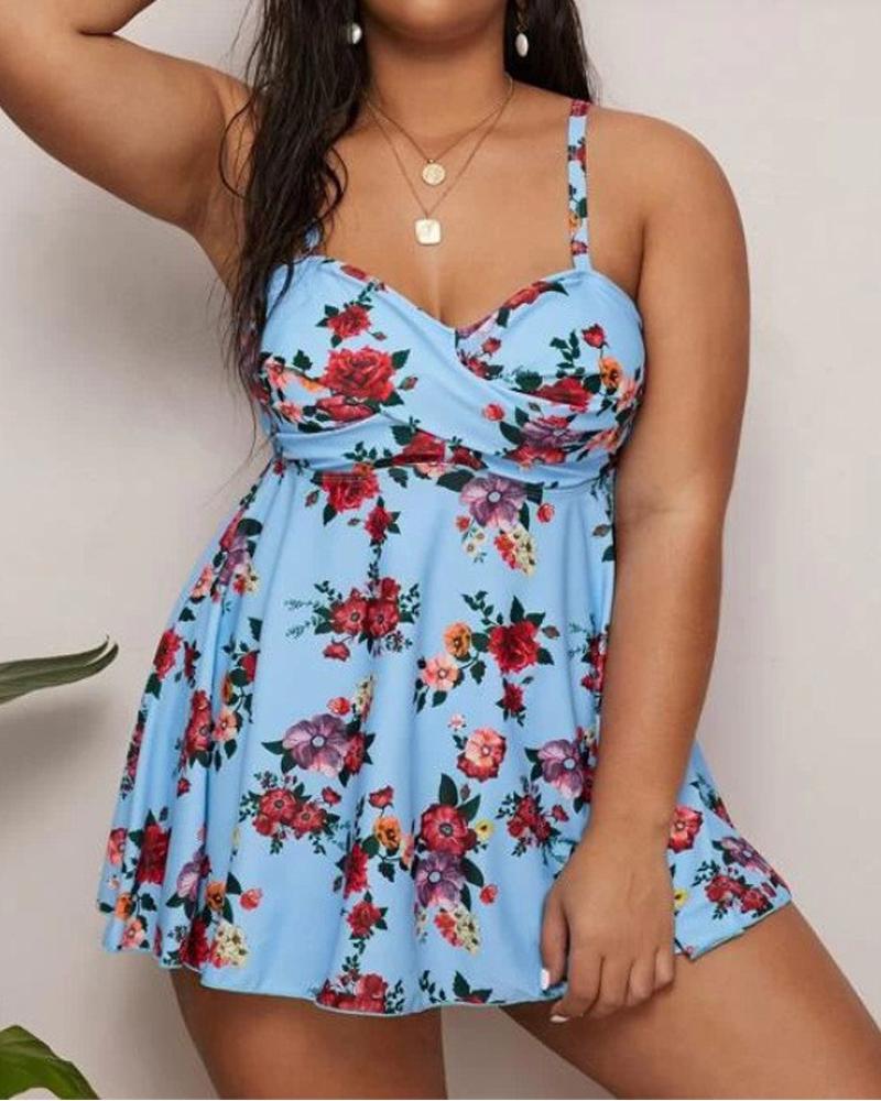 

Plus Size Floral Print Crisscross Tankini Set, Blue