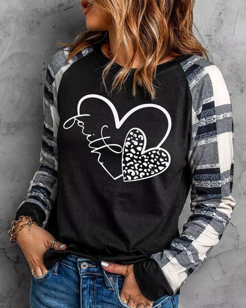 

Heart Plaid Print Long Sleeve Top, Black