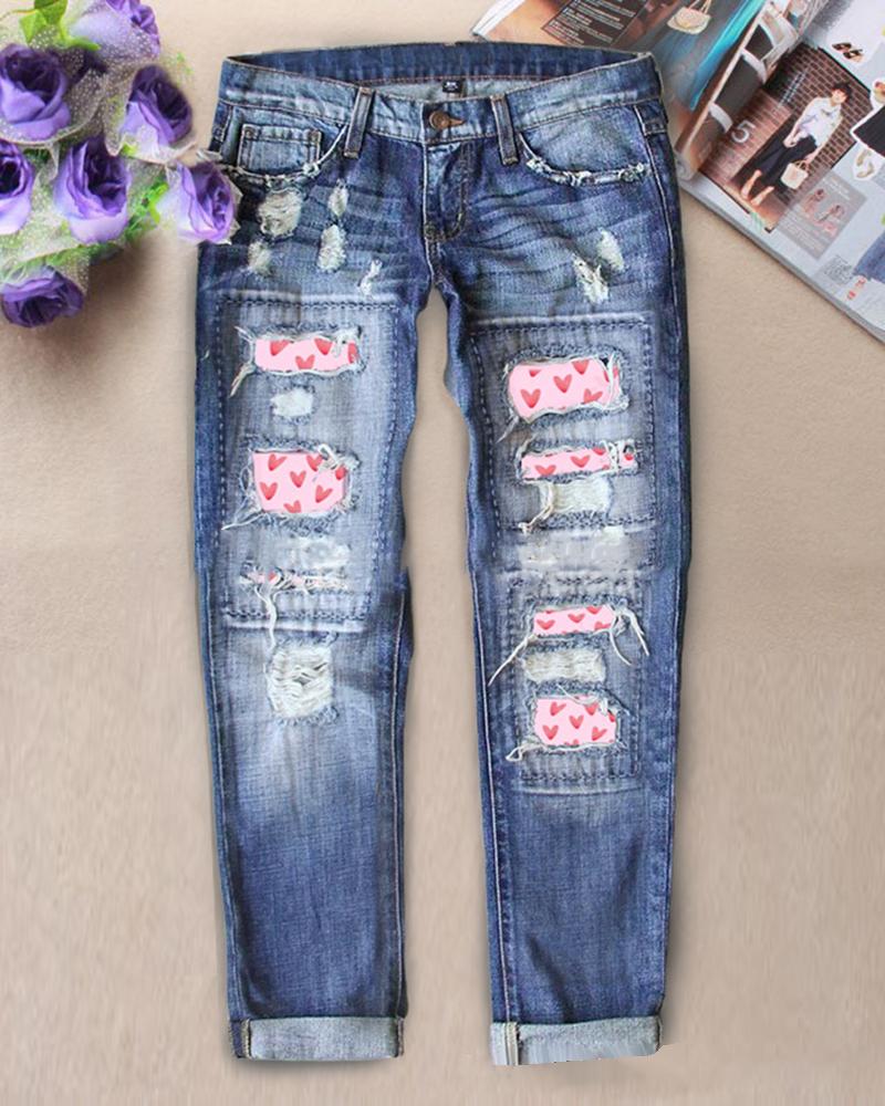 

Valentine's Day Contrast Heart Print Ripped Jeans, Blue