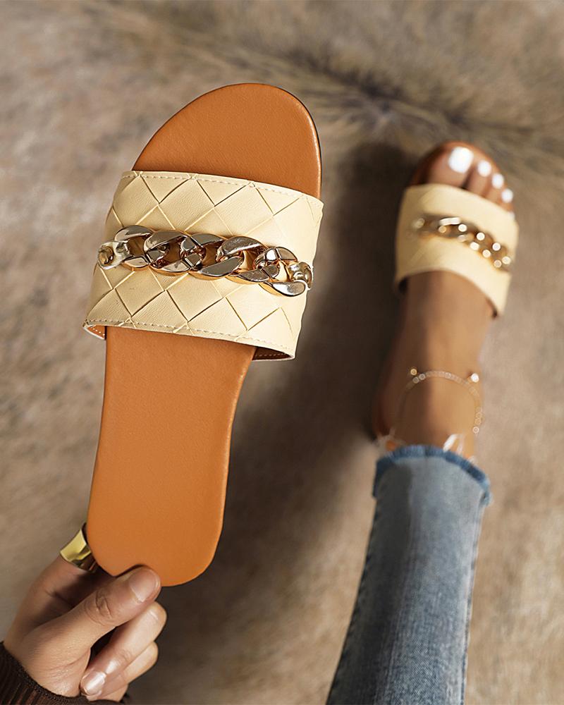 

Round-toe Solid Color Weave Splicing Chain Flat Slippers, Yellow