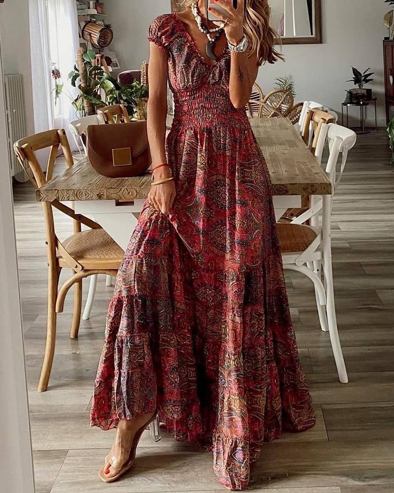 

Tribe Print Shirring Detail Maxi Dress, Dark red