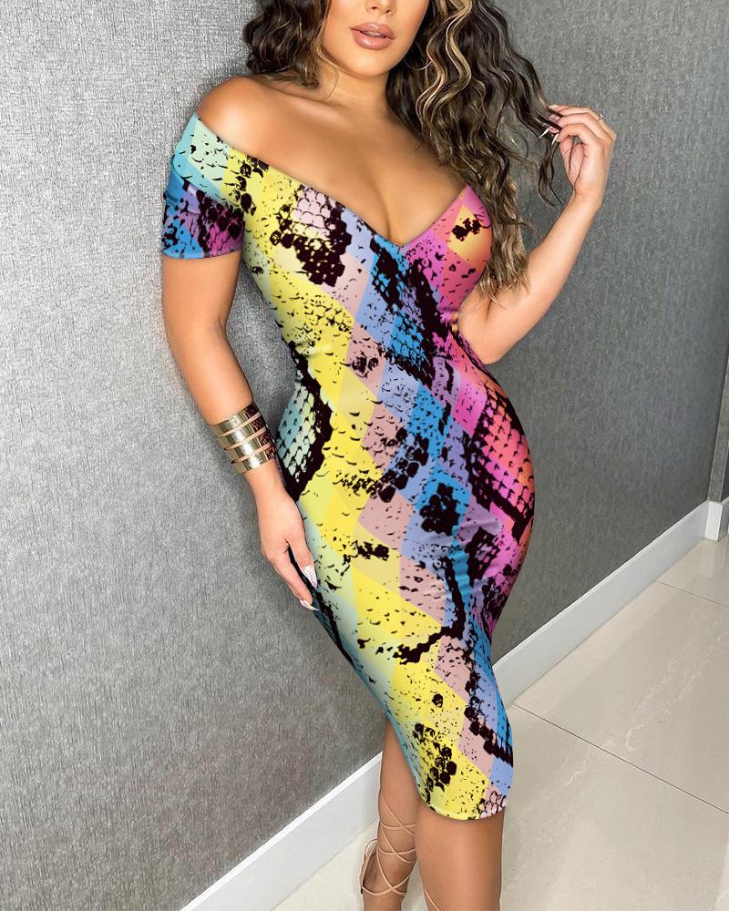 

Snakeskin Print V Neck Bodycon Dress, Multicolor