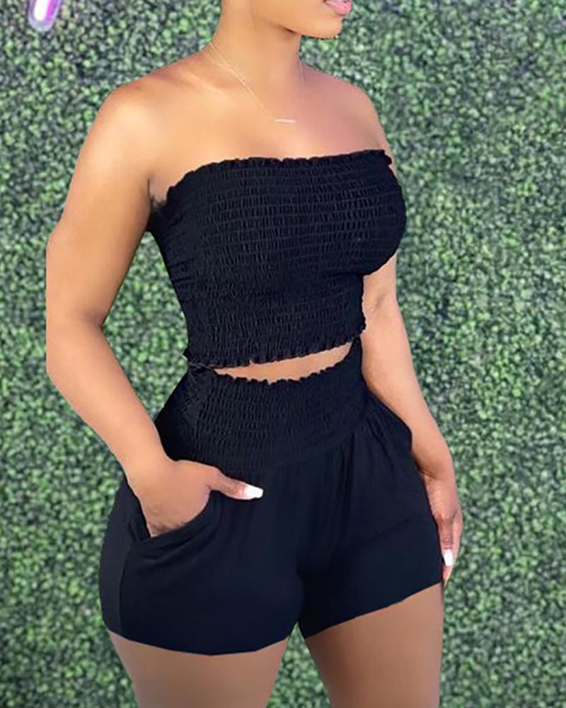 

Bandeau Shirred Top & Pocket Design Shorts Set, Black