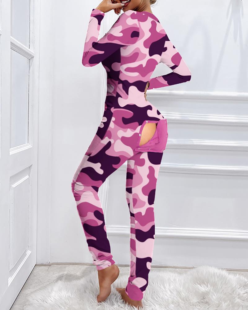 

Camouflage Functional Buttoned Flap Adults Pajamas, Pink