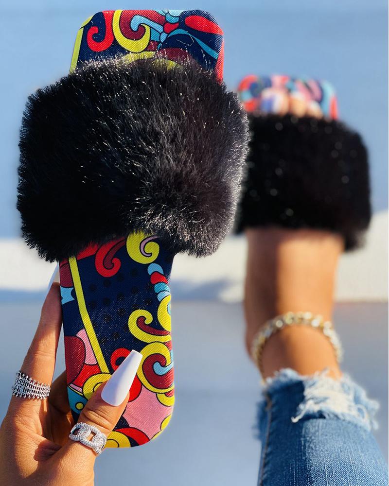 

Graphic Print Fluffy Strap Square Toe Slipper, Black