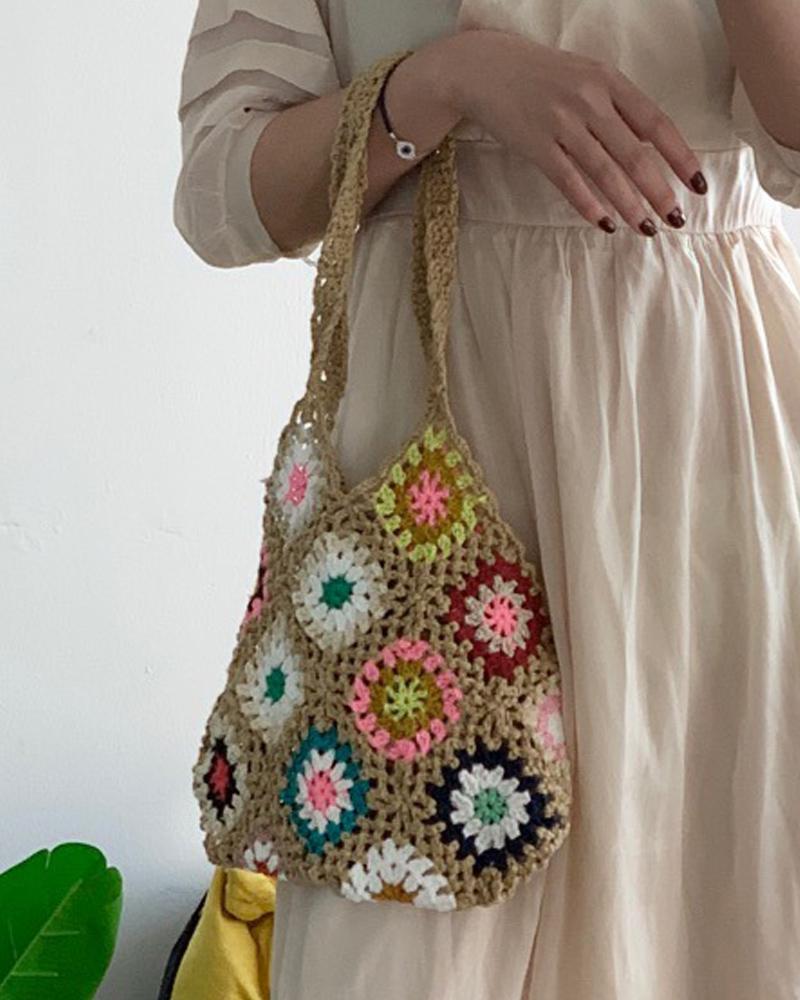 

Floral Pattern Crochet Bag, Khaki