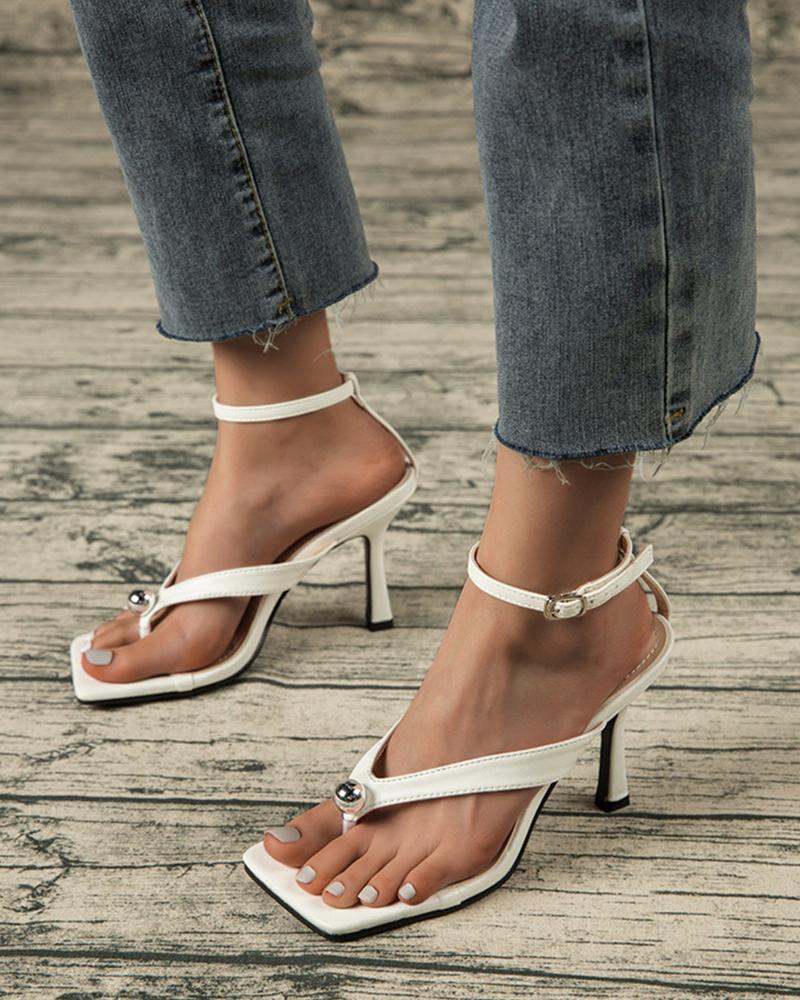 

Square-toe Solid Color PU Leather Toe Post Heel Sandals, White