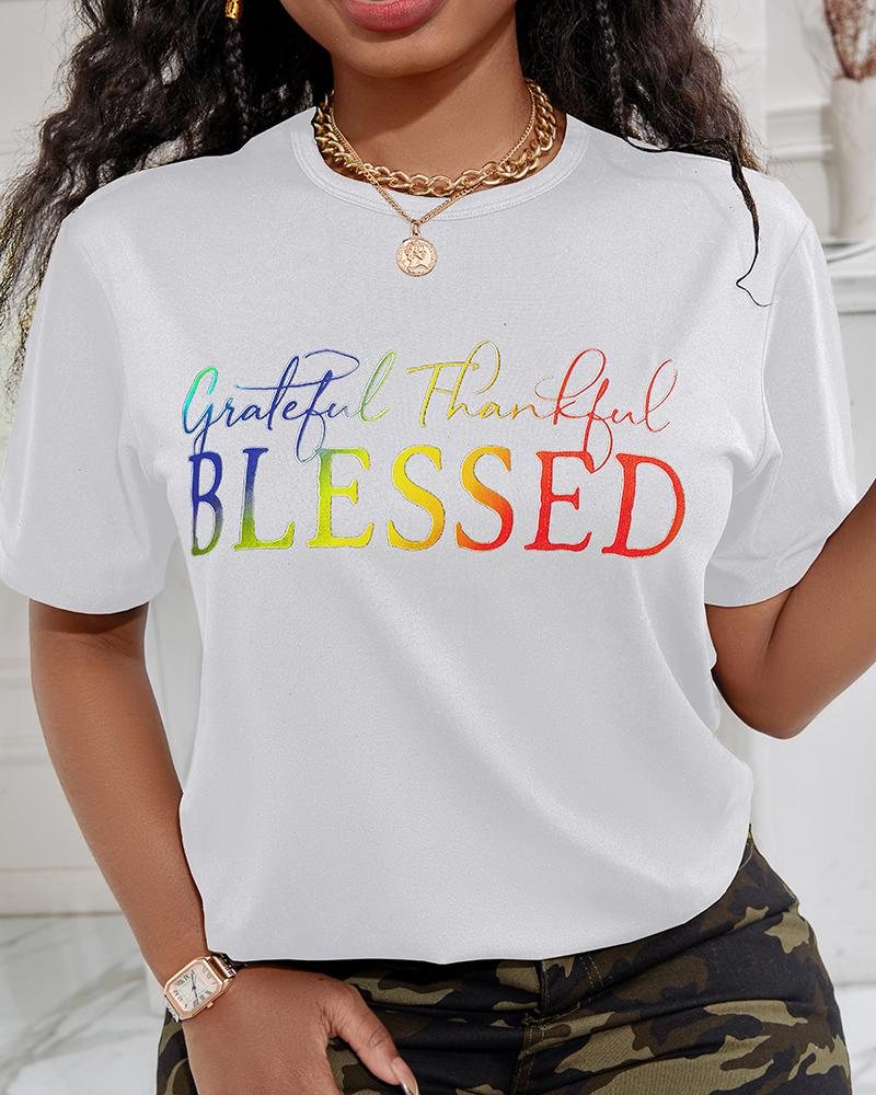 

Grateful Thankful Blessed Ombre Letter Print Casual T-shirt, White