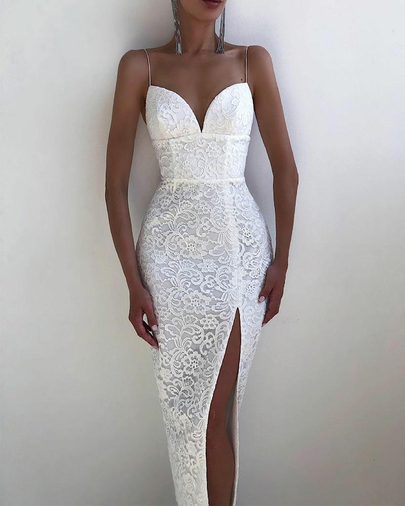 

High Slit Plunge Crochet Lace Party Dress, White